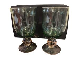 Pfaltzgraff Napoli Iced Glasses~Watermelon Pink Green Stems Goblet~16oz~Set Of 2
